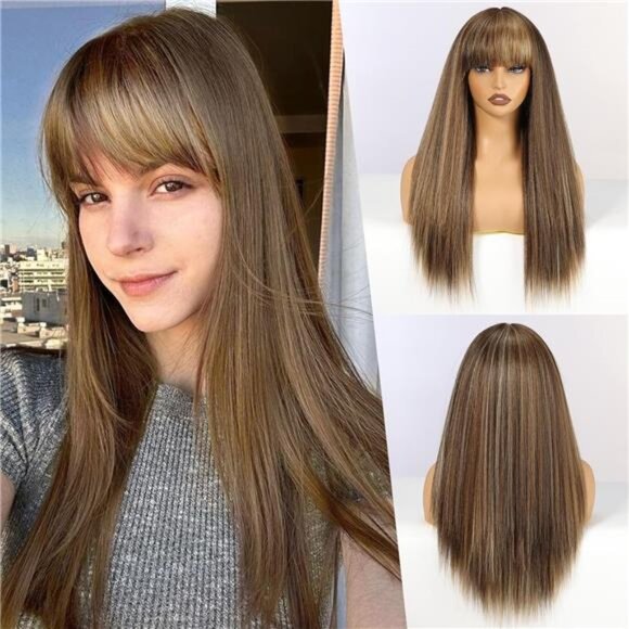 Long Straight Yaki Wigs for Women with Bangs Comfortable Elastic Band 26 - Picture 1 of 7